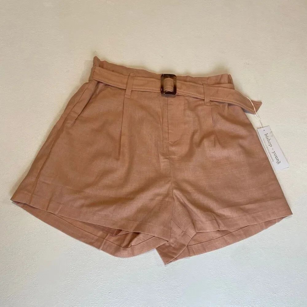 Bishop + Young Lotus Pink Paperbag Waist Belted Summer Shorts Size Large NWT